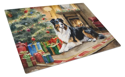 Cozy Christmas Australian Shepherd Glass Cutting Board
