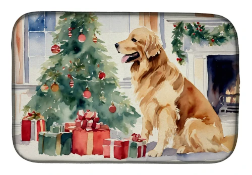 Christmas Golden Retriever Dish Drying Mat