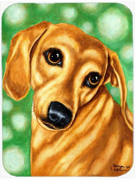 Red Dachshund on Green Glass Cutting Board