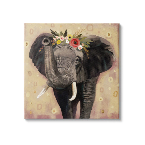 Rustic Floral Elephant Canvas Art Print - Trunk Up