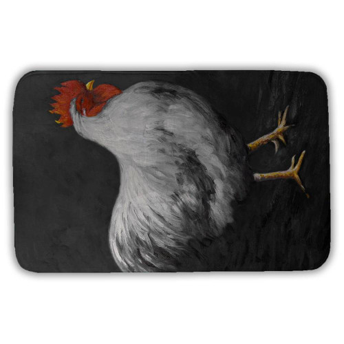 White Hen on Black Bath Mat