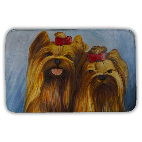 Yorkie Pair on Blue Bath Mat