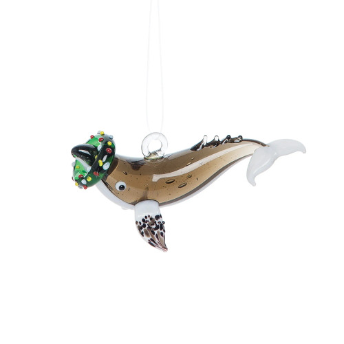 Glass Whale with Wreath Christmas Ornament