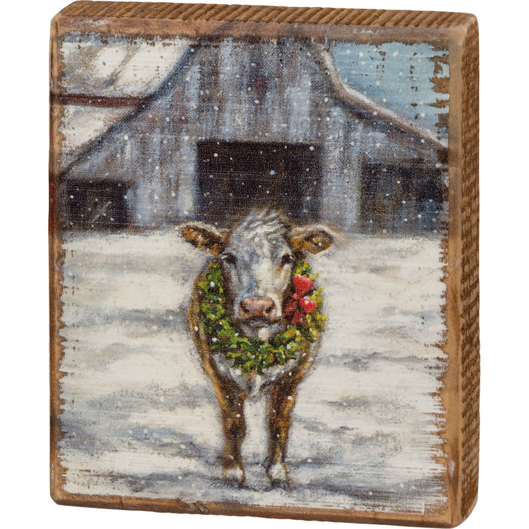 Winter Cow w/Wreath Wood Block Art