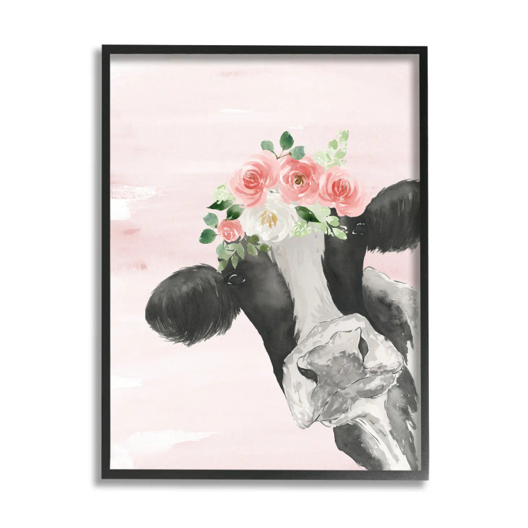 Pink Rose Black & White Cow Framed Art Print
