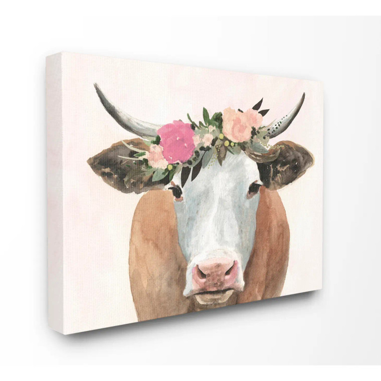 Floral Holstein Cow Canvas Art Print