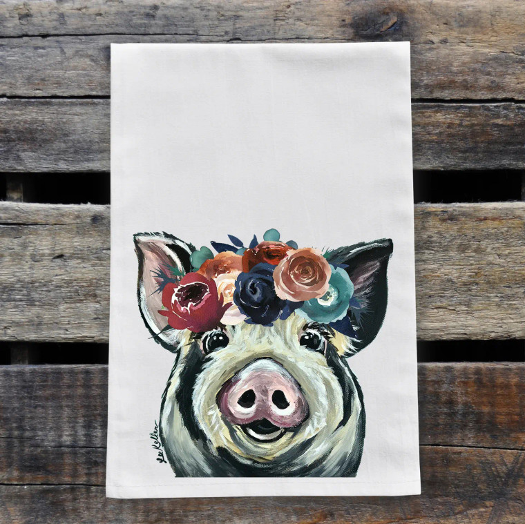 Dark Floral Boho Pig Kitchen Towel