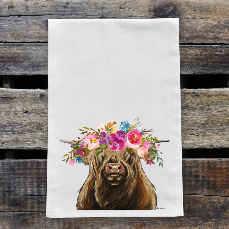 Bright Blooms Highland Cow Kitchen Towel
