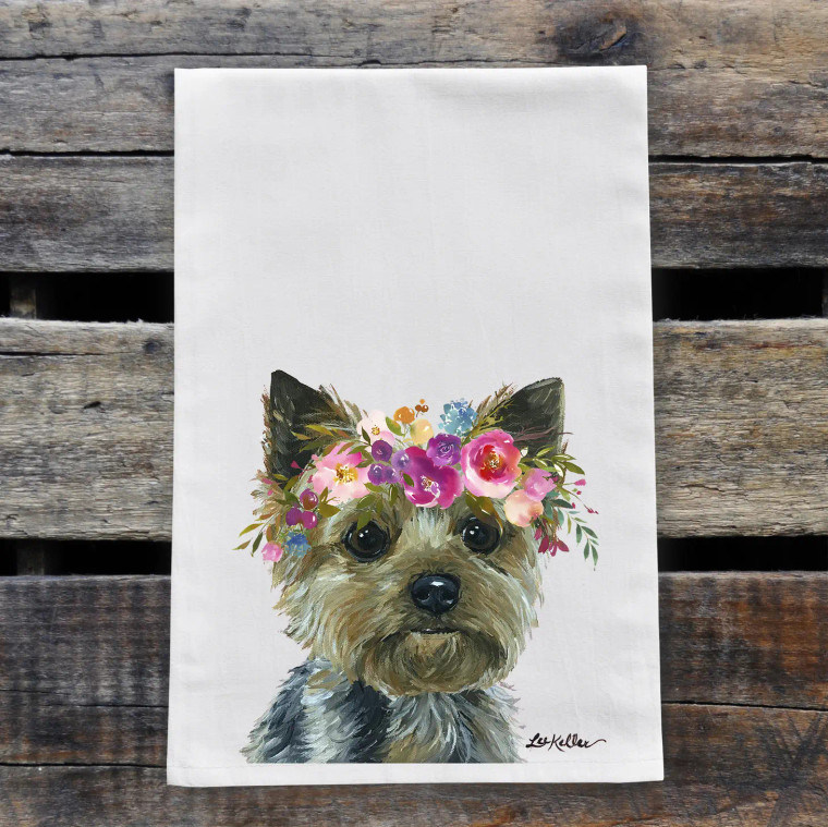 Yorkie Kitchen Towel - w/Bright Blooms