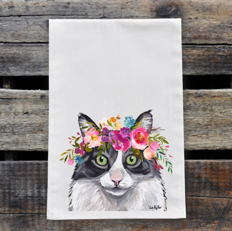 Black & White Cat Kitchen Towel - w/Bright Blooms