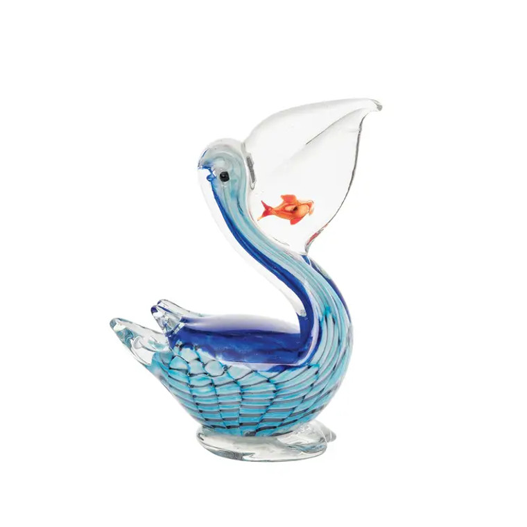 Blue Glass Pelican w/Fish Figurine