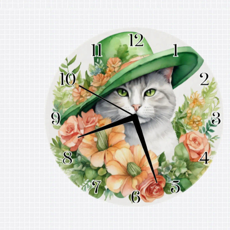 Spring Green Hat Cat Wall Clock