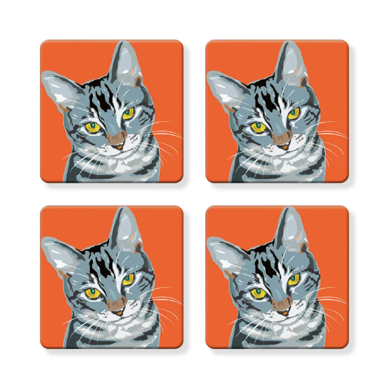 Gray Tabby Cat on Orange Coaster - Set of 4