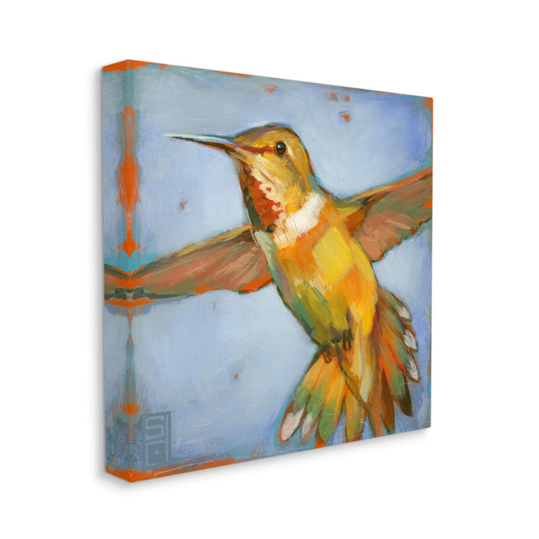 Yellow Hummingbird on Blue Canvas Art Print