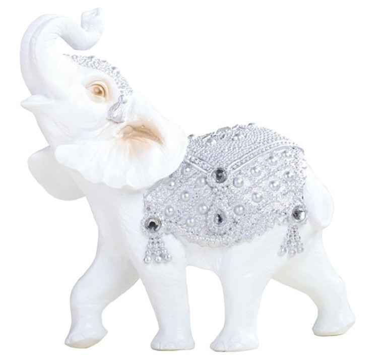 White Elephant Figurine - w/Silver Attire & Trunk Up