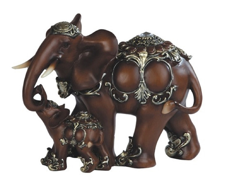 Brown Elephant & Baby Figurine - w/Silver Attire