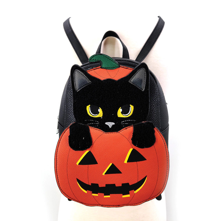 Furry Black Cat in Pumpkin Backpack