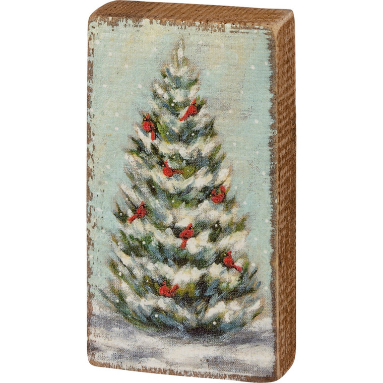 Cardinals on Snowy Evergreen - Wood Block Art