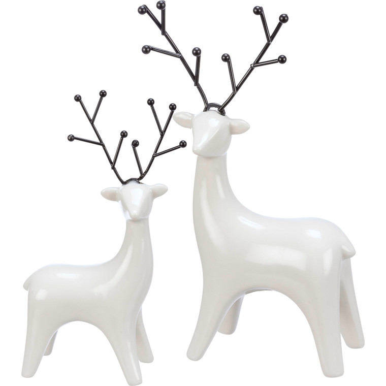 White Ceramic Deer Figurines - Set of 2