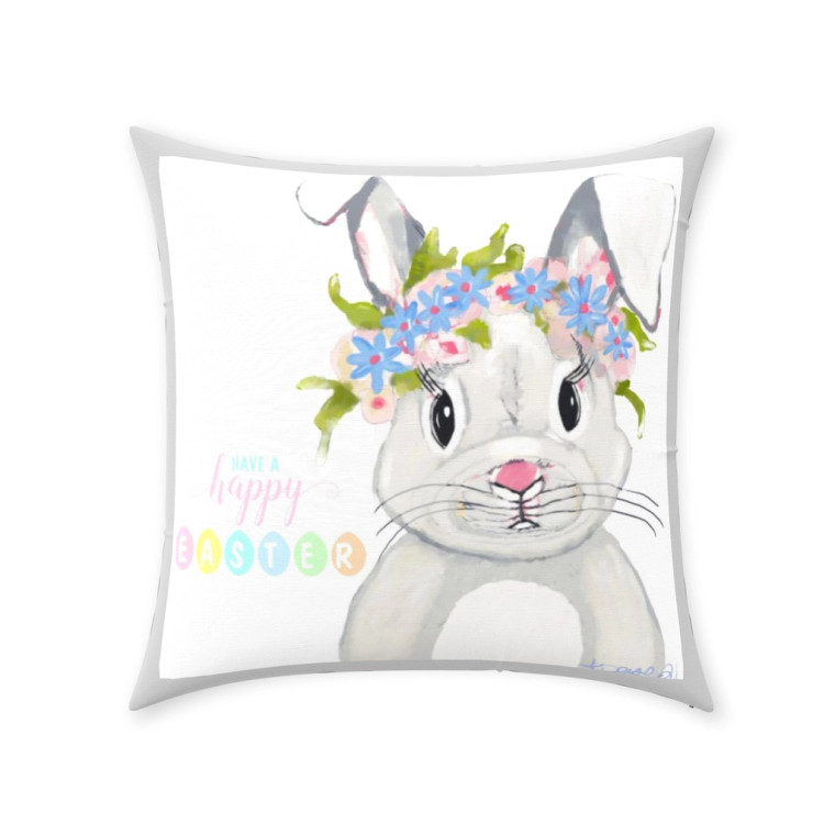 Blue Floral Bunny Throw Pillow