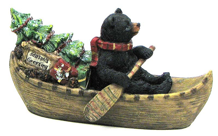 Christmas Black Bear in Canoe Figurine