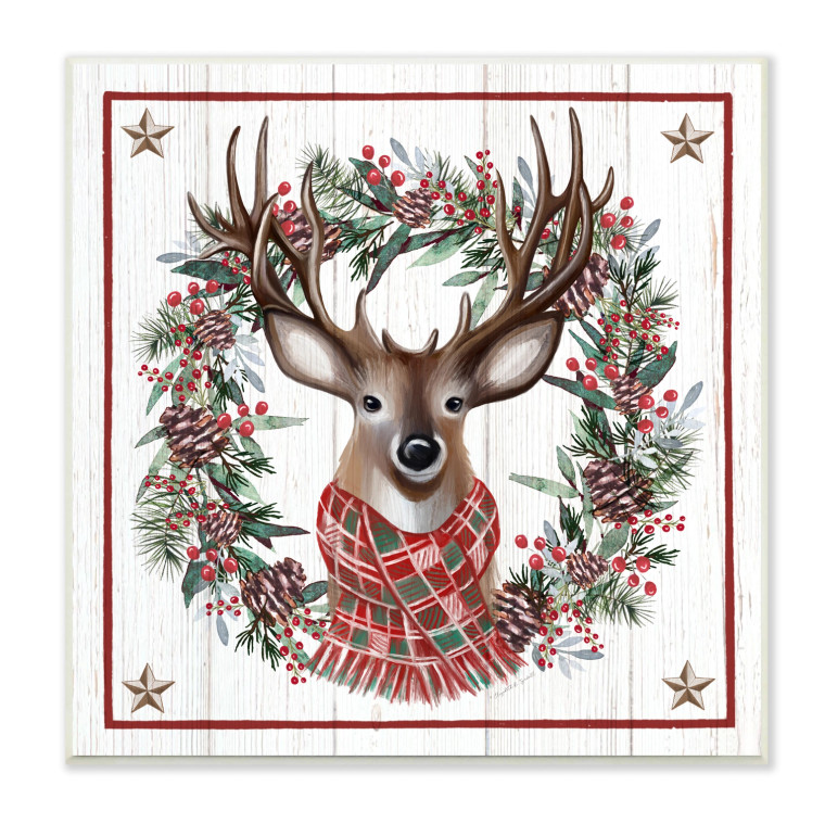Christmas Reindeer w/Wreath Art Print Plaque