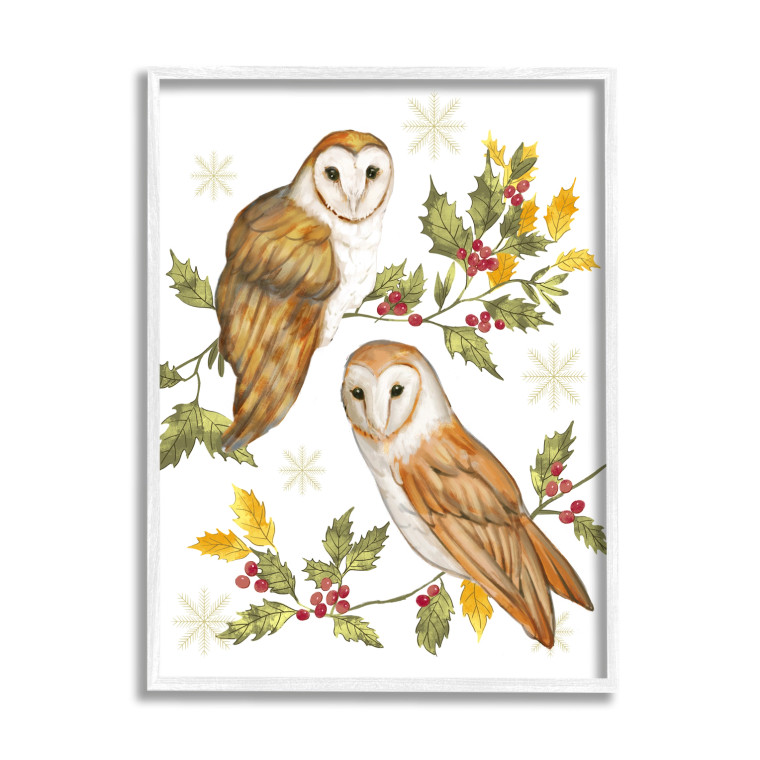 Barn Owls on Holly - Christmas Framed Art Print