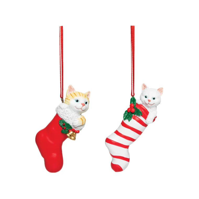 Cat in Stocking Ornaments - Set of 2