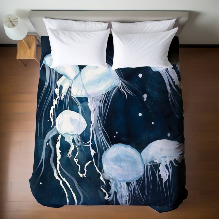 White Jellyfish on Blue Duvet Cover - Queen