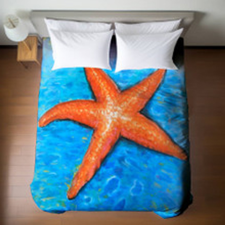 Orange Starfish on Blue Water Duvet Cover - Queen
