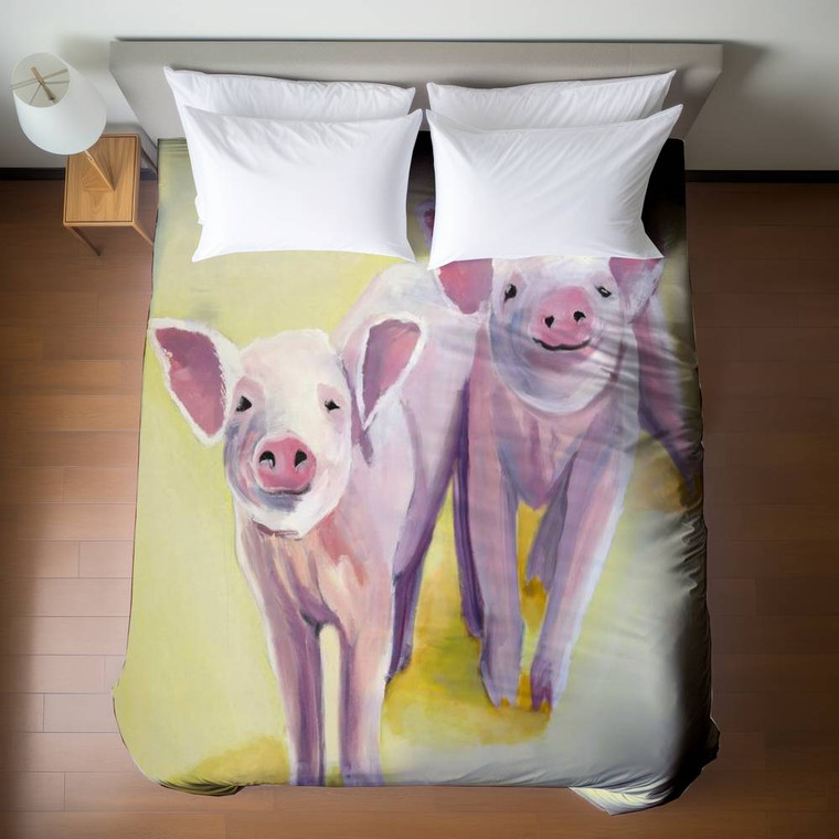 Pink Pigs on Yellow Duvet Cover - Queen