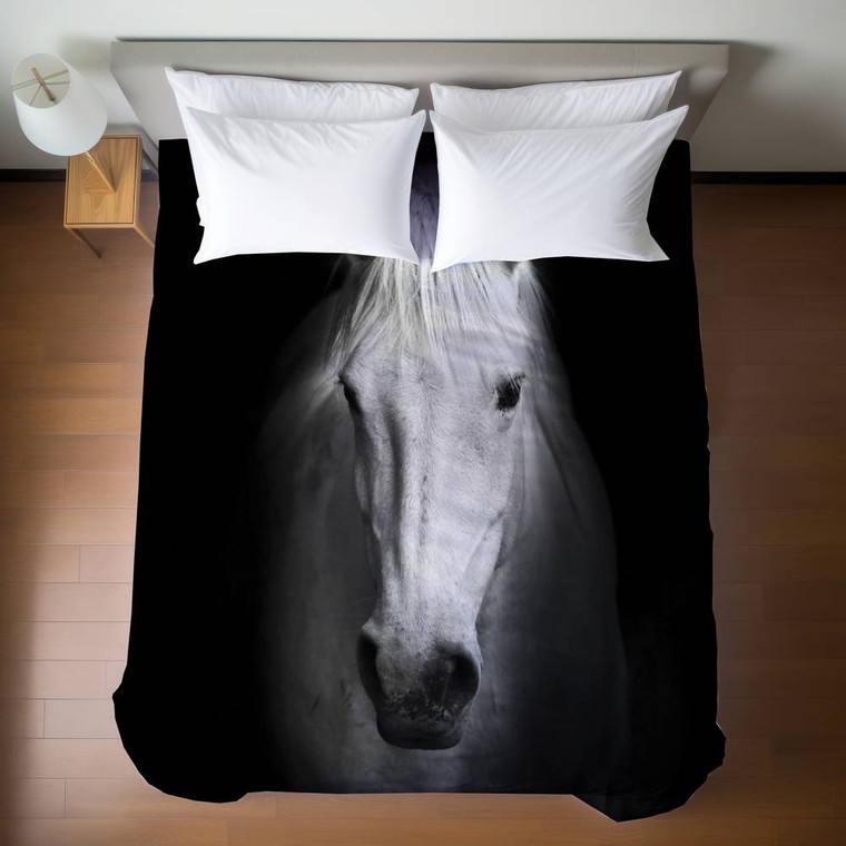 White Horse on Black Duvet Cover - Queen