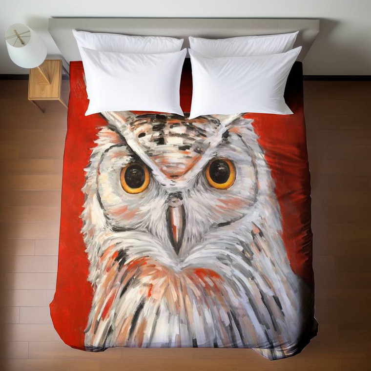 Owl on Red Duvet Cover - Queen