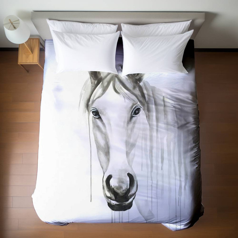 White Horse on White Duvet Cover - Queen