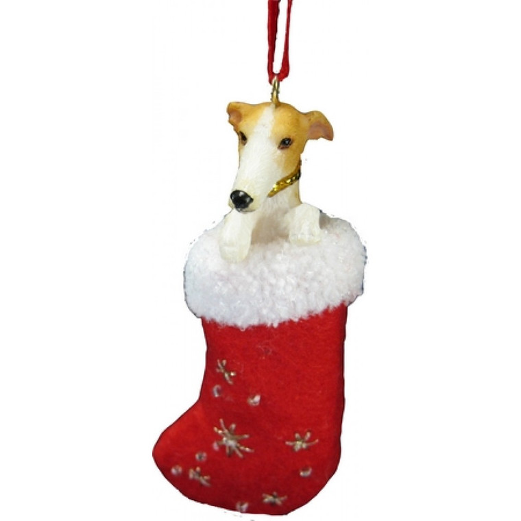 Greyhound Stocking Christmas Ornament - Tan/White