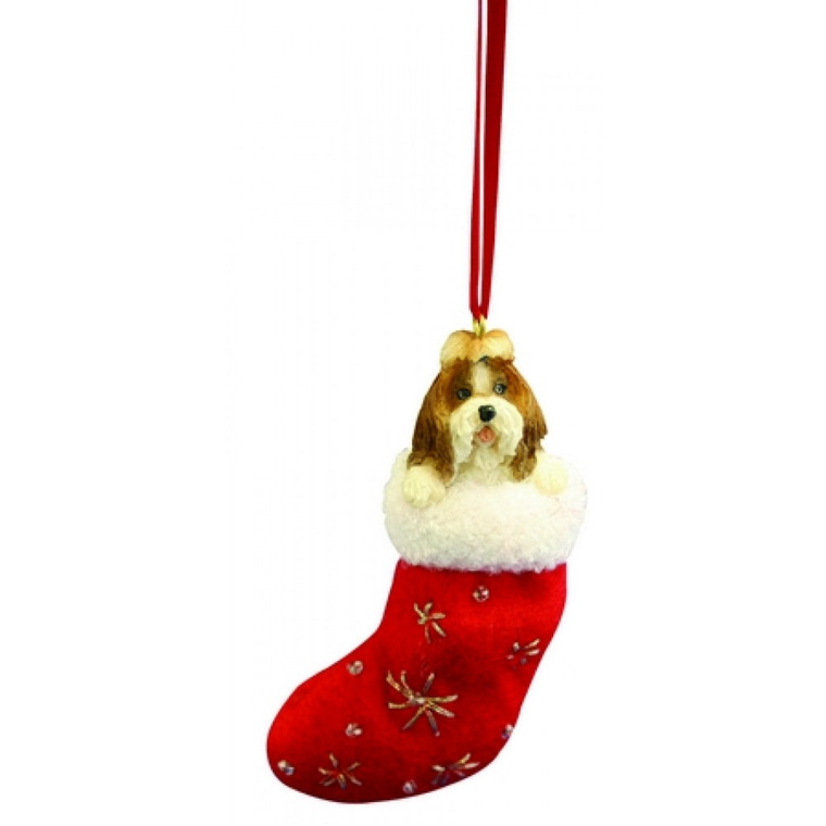 Shih Tzu Stocking Christmas Ornament - Brown/White