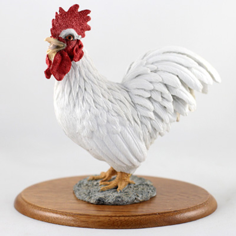 Rooster Figurine - White - On Wood Base