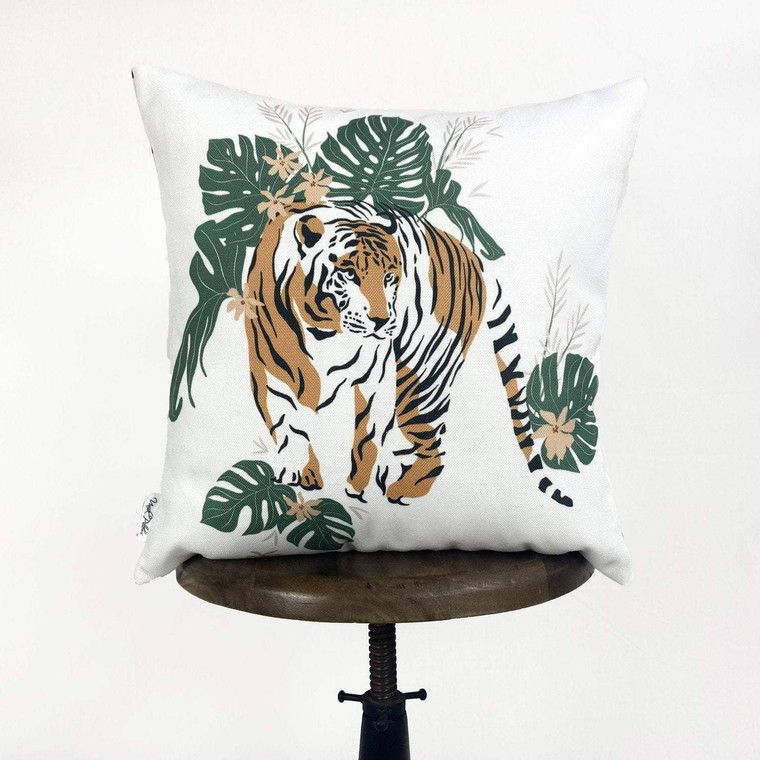 Jungle Tiger Throw Pillow - Green Leaves