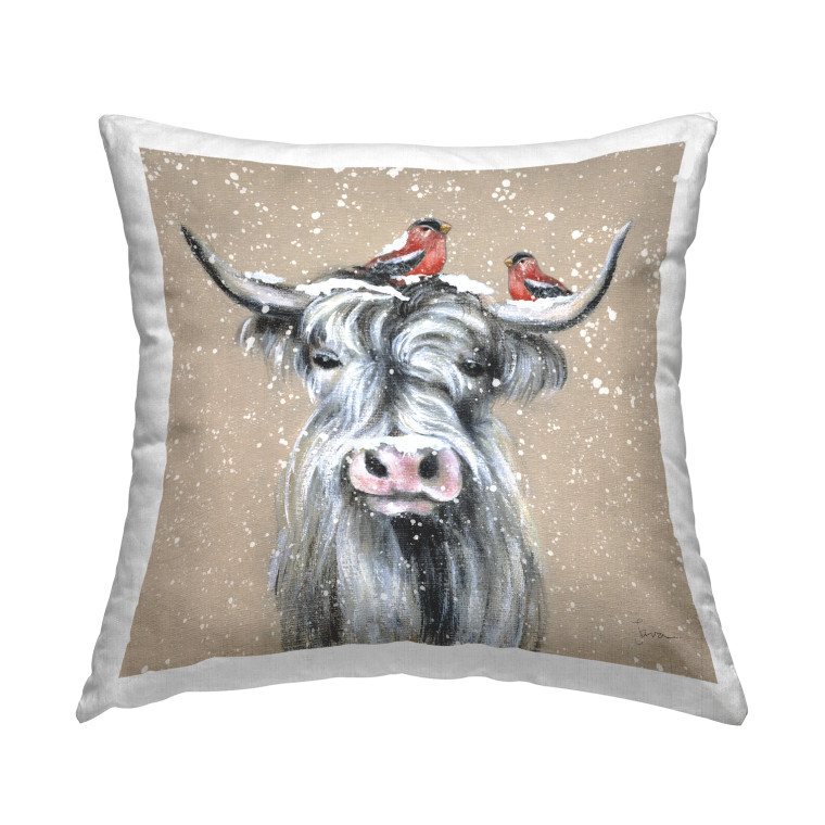 Winter Highland Cow & Chickadee Throw Pillow