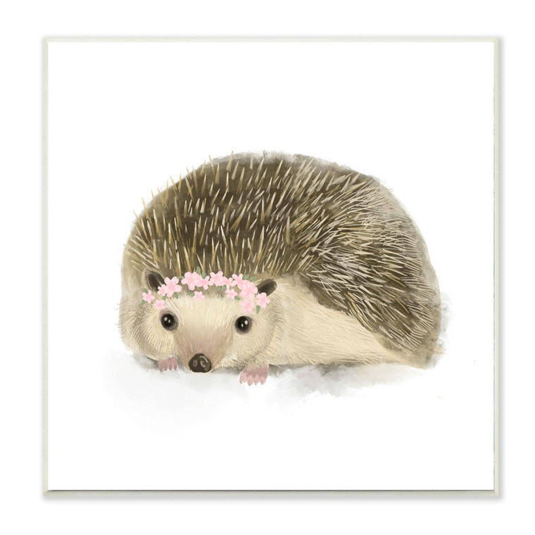 Baby Hedgehog Art Print Plaque - Pink Flowers