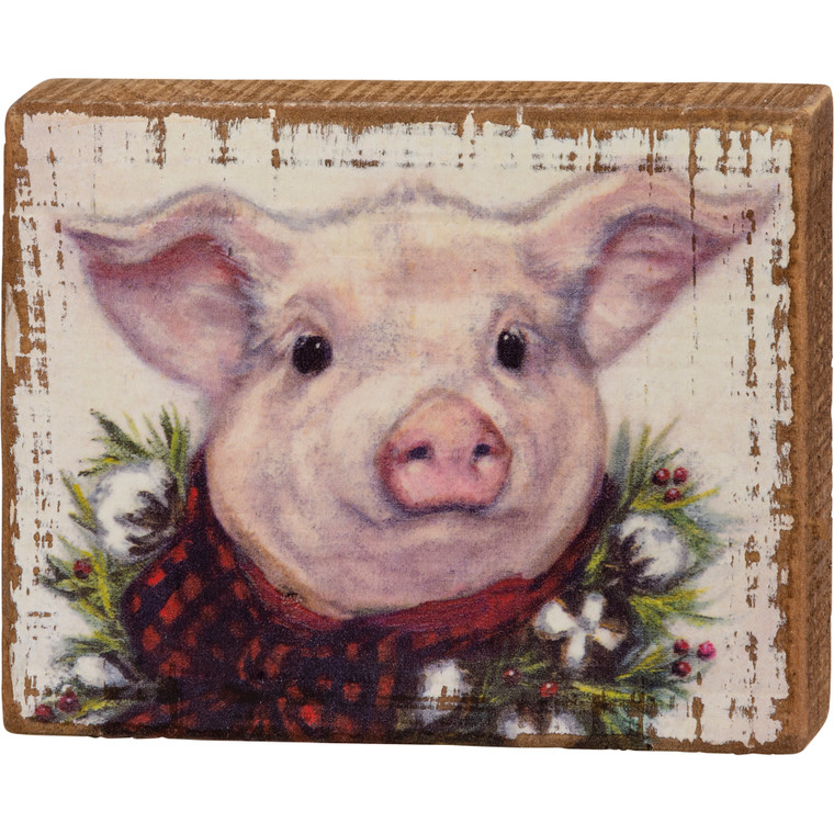 Pink Pig Christmas Wood Block Art