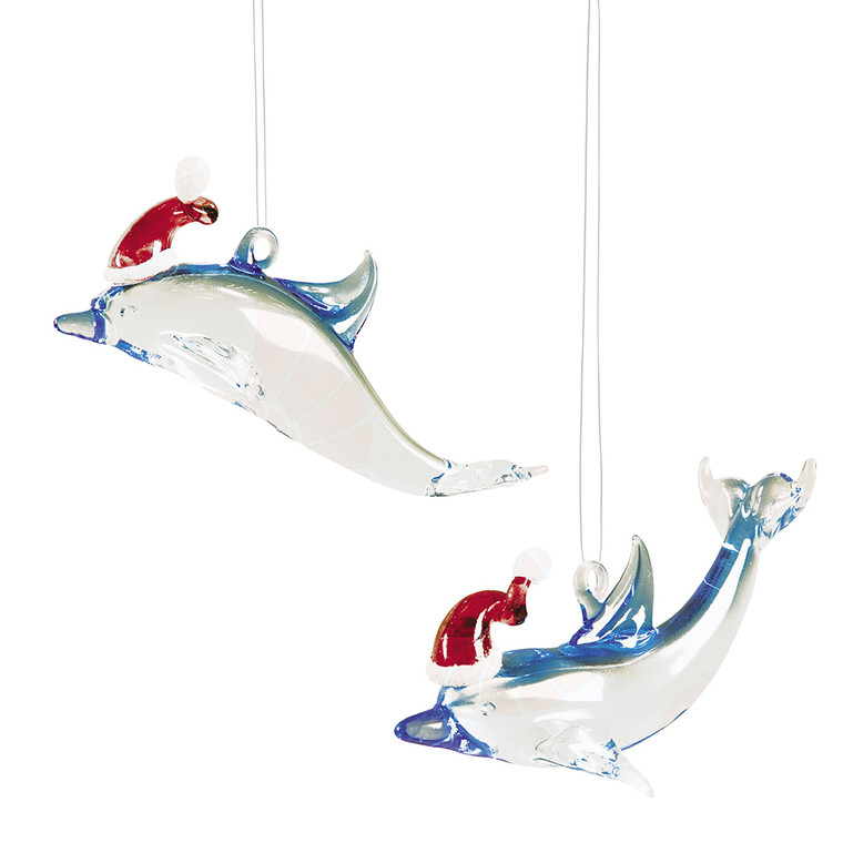 Glass Santa Dolphin Christmas Ornament - Set of 2