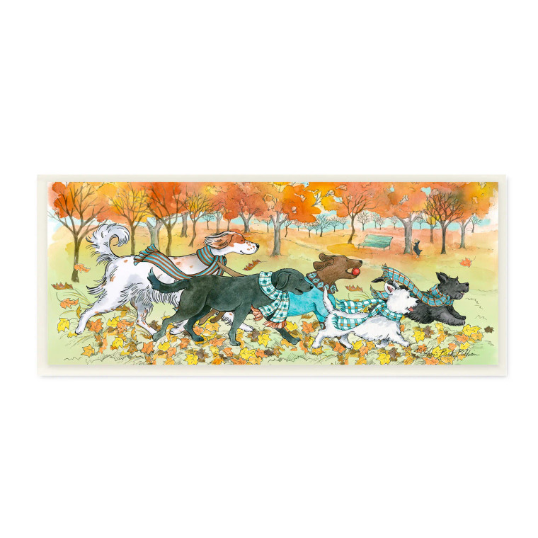 Dog's Running in Fall Leaves - Art Print Plaque