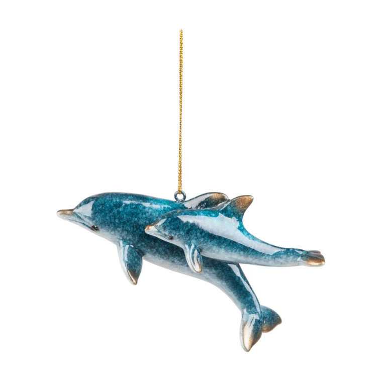 Shiny Blue Dolphin & Baby Ornament