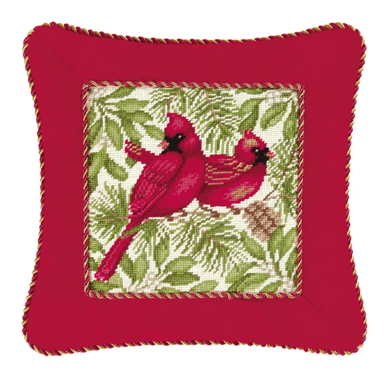 Red Christmas Cardinal Needlepoint Throw Pillow