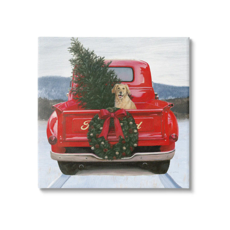 Golden Retriever in Red Truck - LED Dog Christmas Canvas Art 