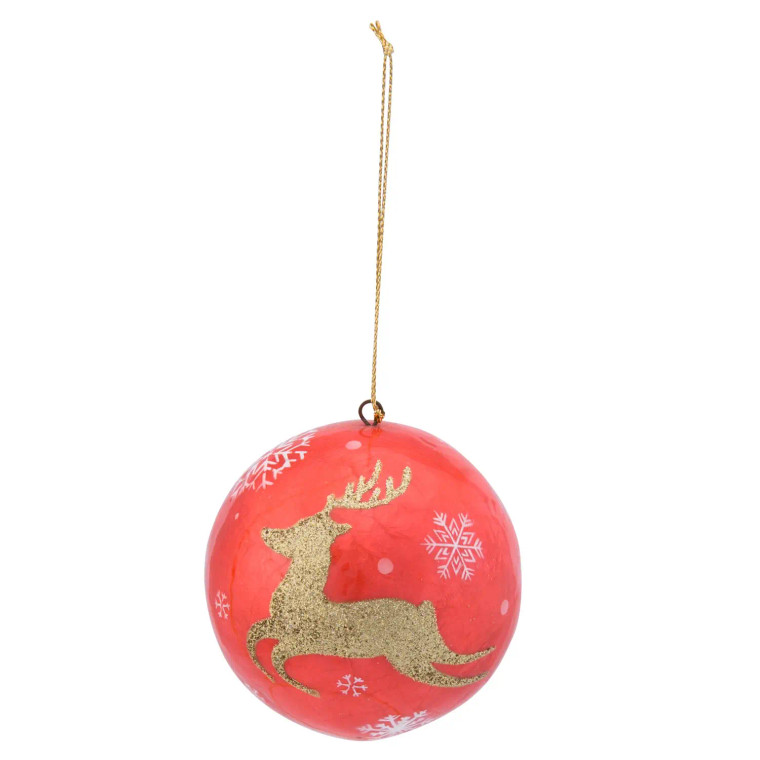 Gold Reindeer On Red Capiz Ball Ornament