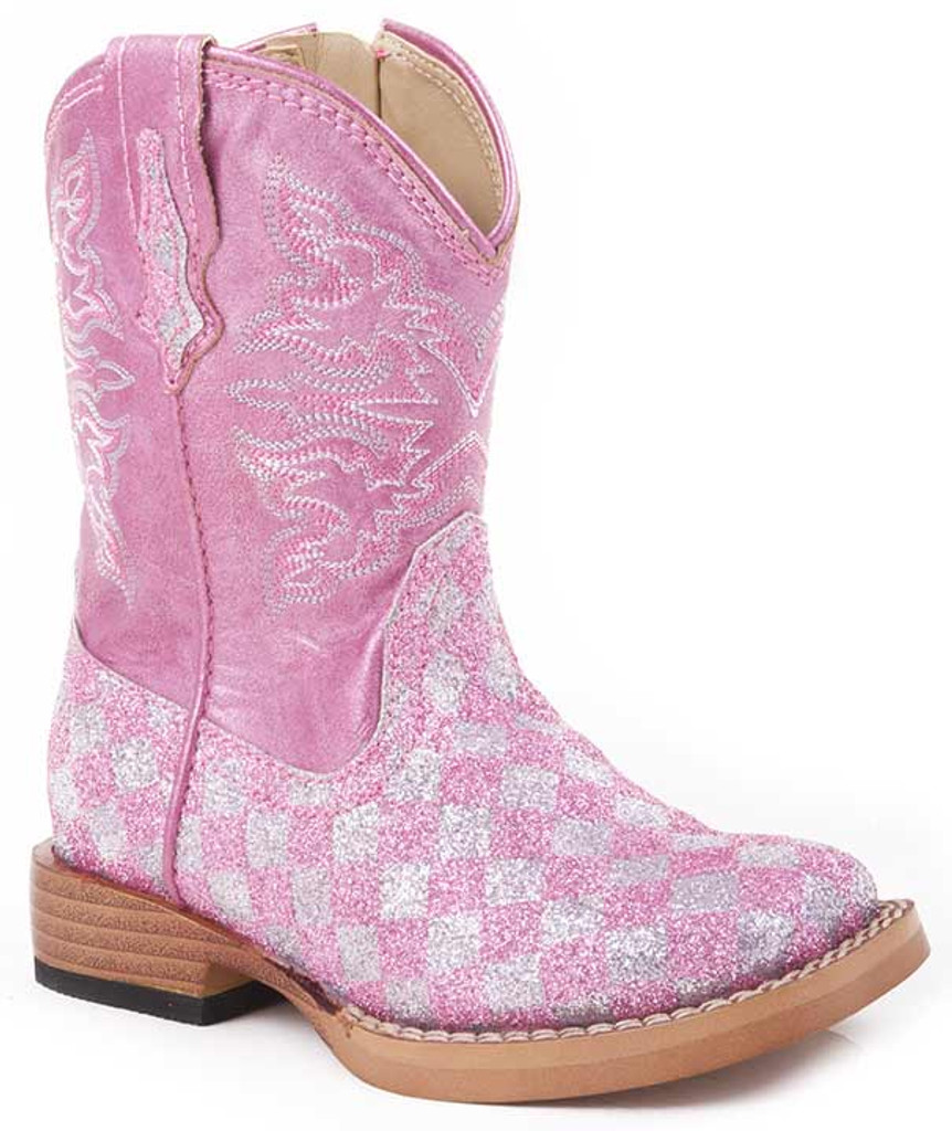Roper Kid's Bling Checkerboard Square Toe Cowboy Boots - Pink
