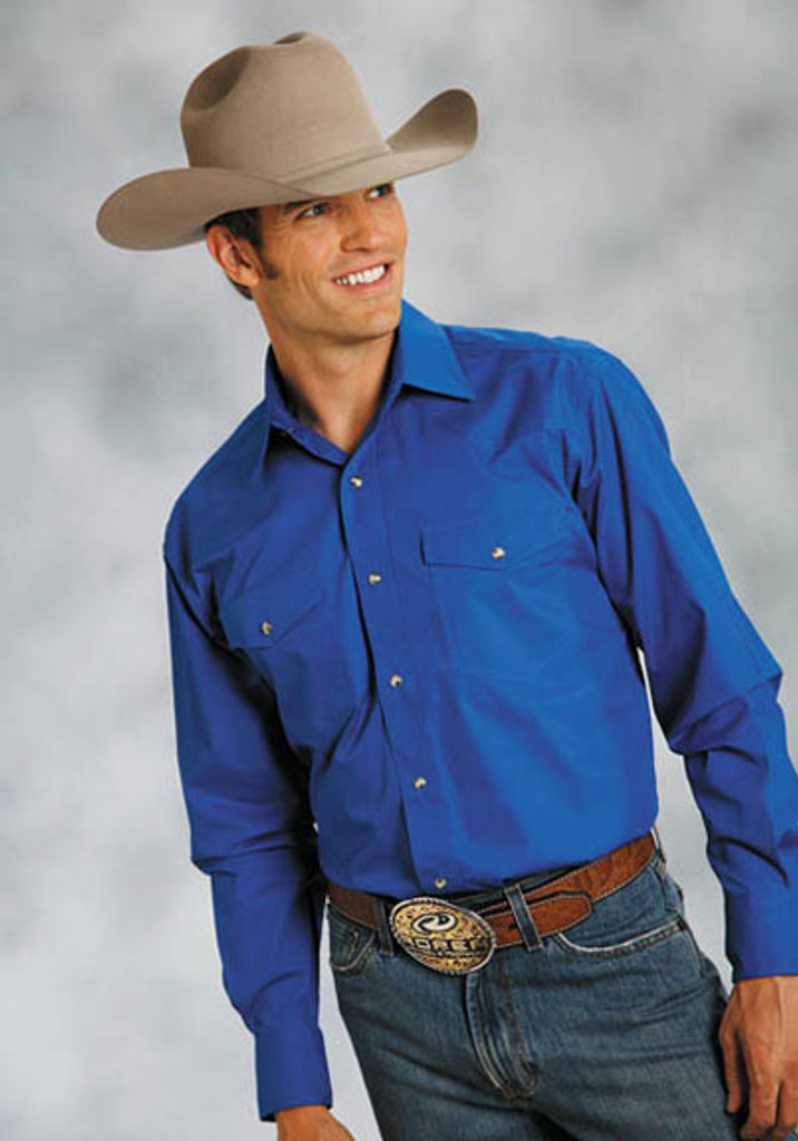 Roper Men's Western Long Sleeve Solid Snap Shirt - Blue