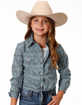 Roper Girls' Long Sleeve Print Snap Shirt - Blue (Closeout)